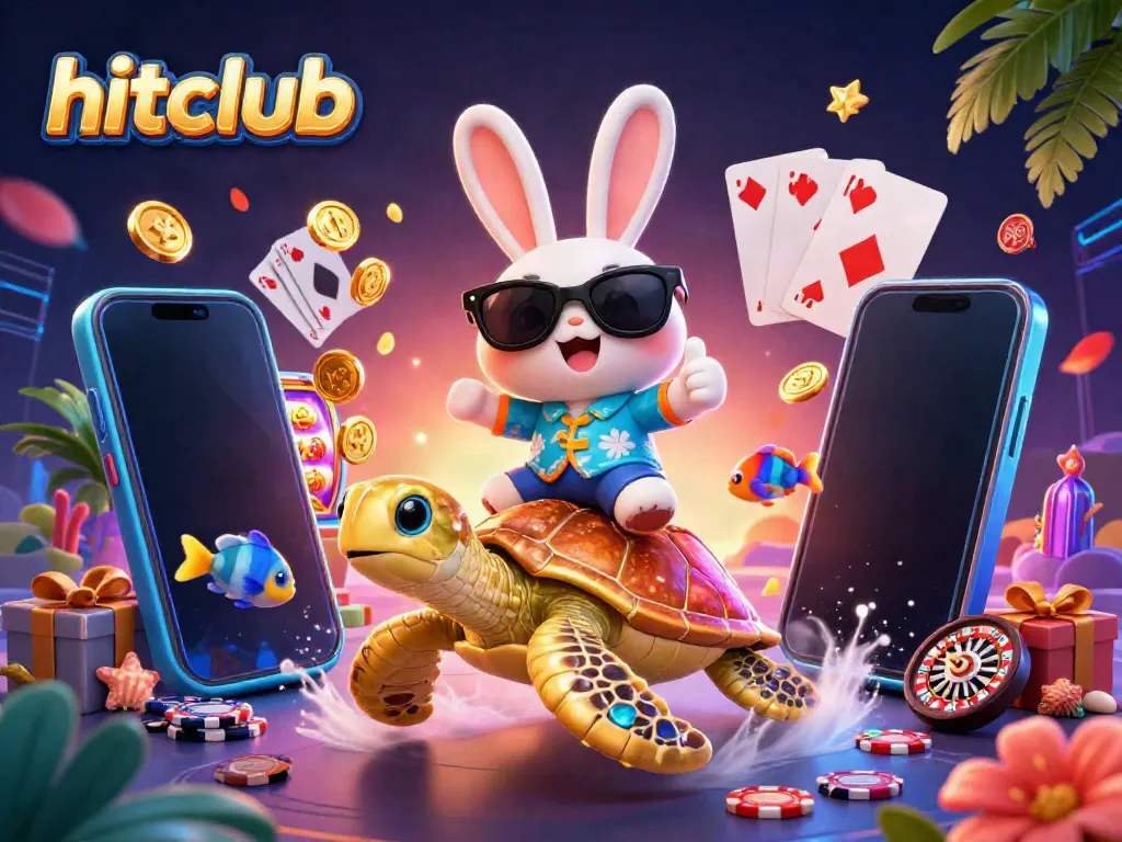 Experience hitclub excitement as a lucky rabbit celebrates a big win on a giant turtle amidst vibrant casino elements.