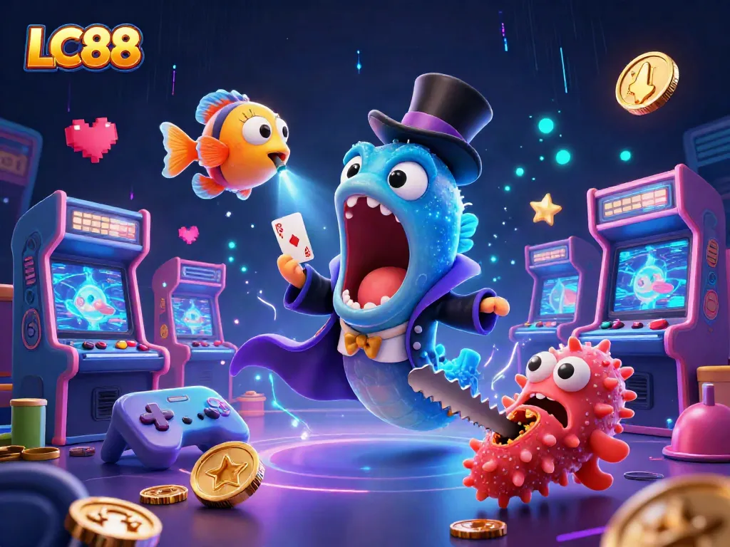LC88 casino illustration showcasing a deep-sea creature performing magic tricks amid colorful gaming elements for an engaging experience.