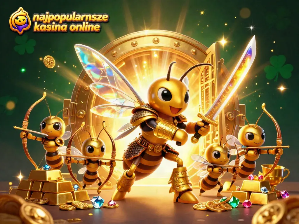 Engaging illustration of najpopularniejsze kasyna online showcasing a golden hornet in samurai armor alongside bee archers, filled with treasure.