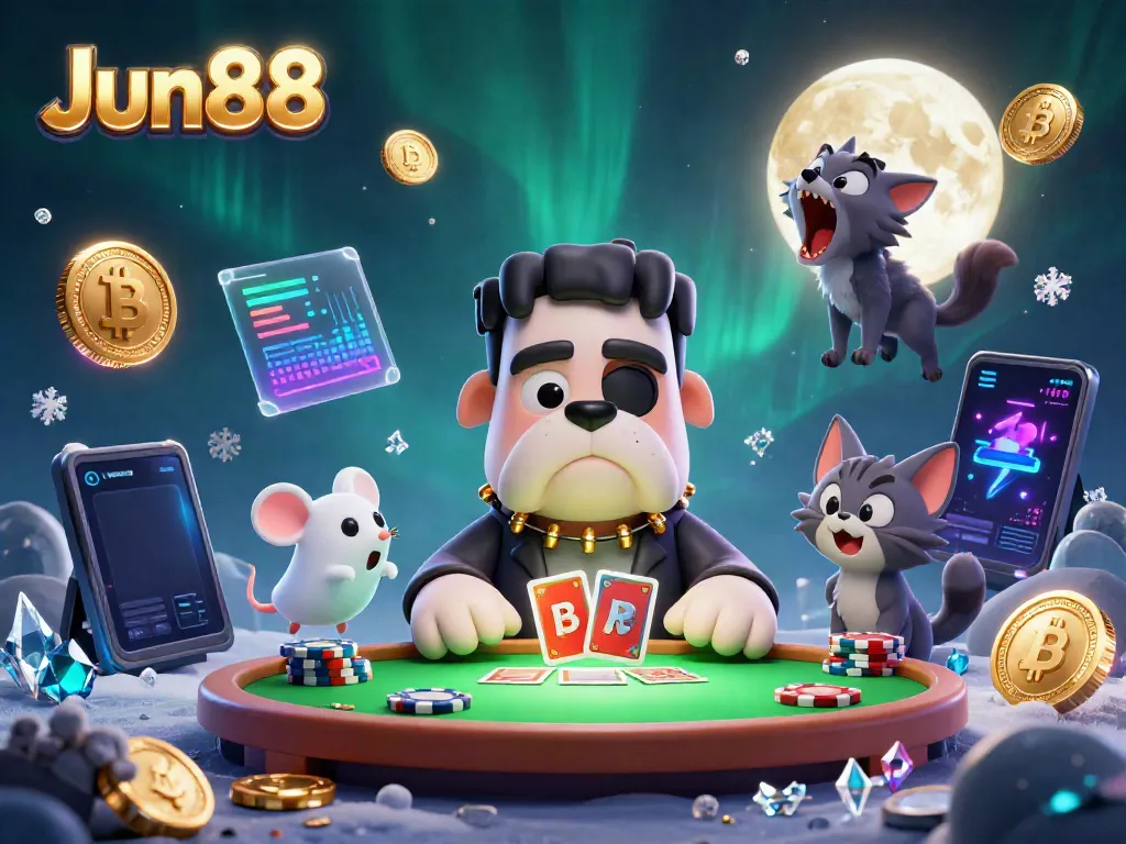 Experience thrilling casino action with Jun88's dynamic illustration of a Frankenstein bulldog dealer and crypto-themed gaming elements.