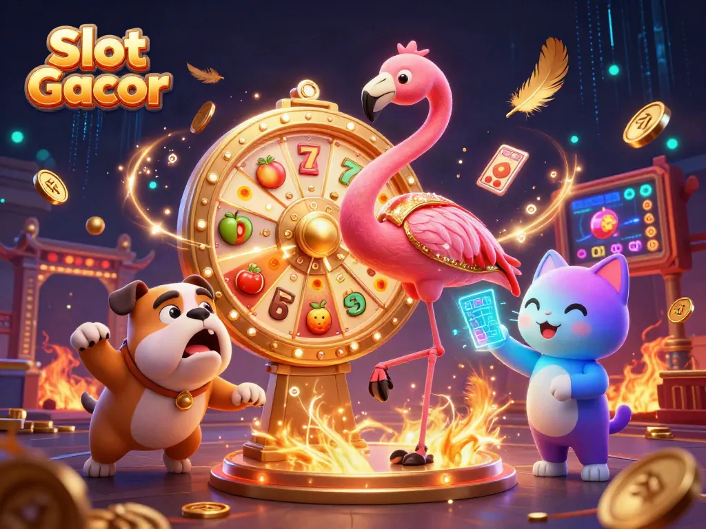 Engage with Slot Gacor's vibrant gaming experience featuring a cartoon flamingo and bulldog celebrating big wins.