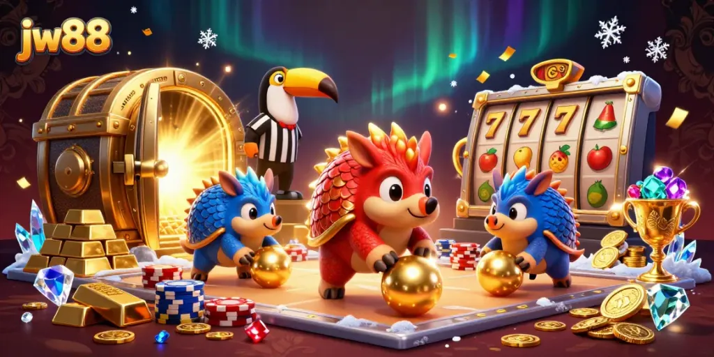 Engage with thrilling jackpot action at jw88 featuring animated pangolins and vibrant casino elements.