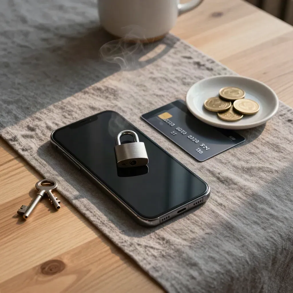 Z lotu nad stołem: telefon, kłódka, karty i miseczka z monetami na szarym lnie o zmierzchu.