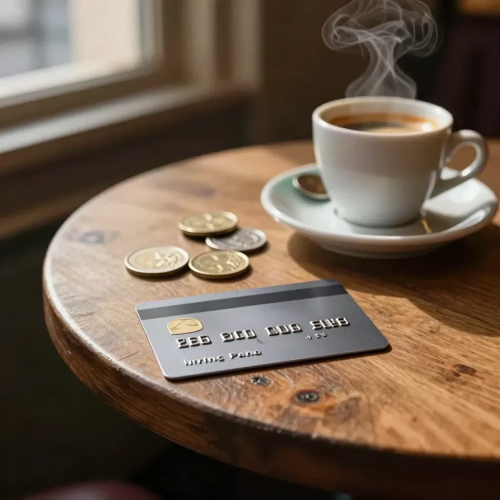 Karta, monety euro i filiżanka espresso przy stoliku w kawiarni, ciepłe światło popołudnia.