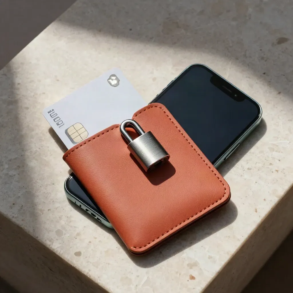 Płaski układ: etui na kartę, zapasowa karta, zamek i ciemny telefon na kamieniu.
