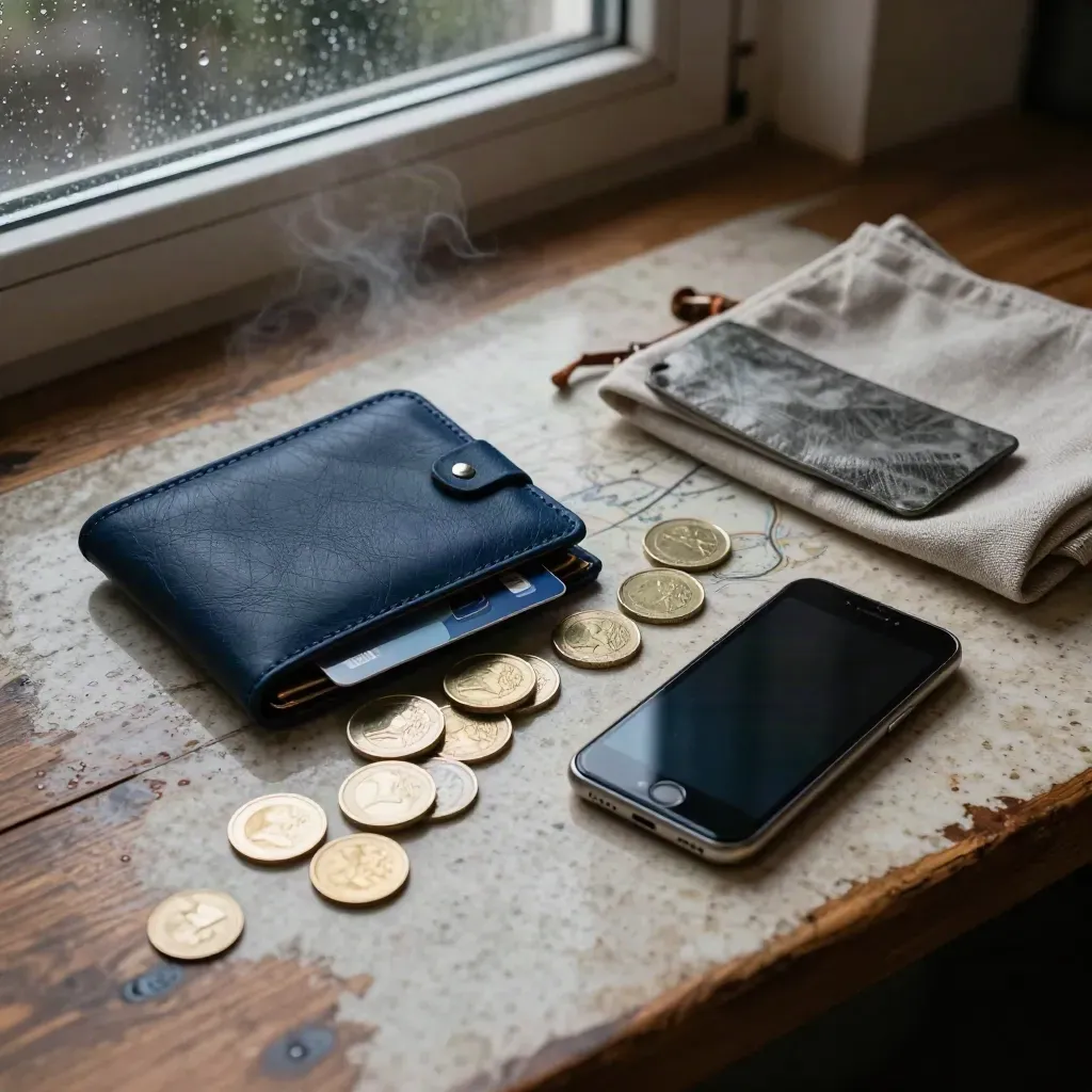 Portfel podróżny, dwie karty, monety euro, telefon i woreczek na biurku w hostelu po deszczu.