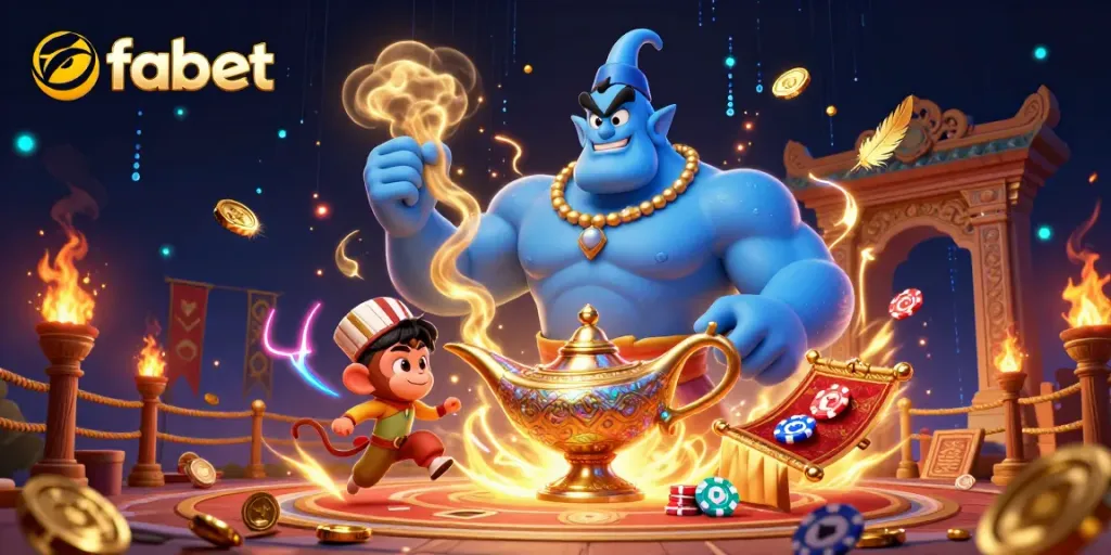Experience winning thrills at fabet with a vibrant casino scene featuring a genie, monkey, and poker chips.