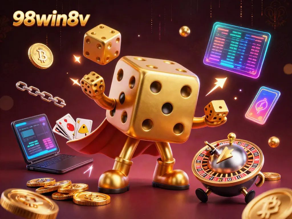 Engage in thrilling casino games with 98win8v, featuring golden dice and vibrant crypto elements.