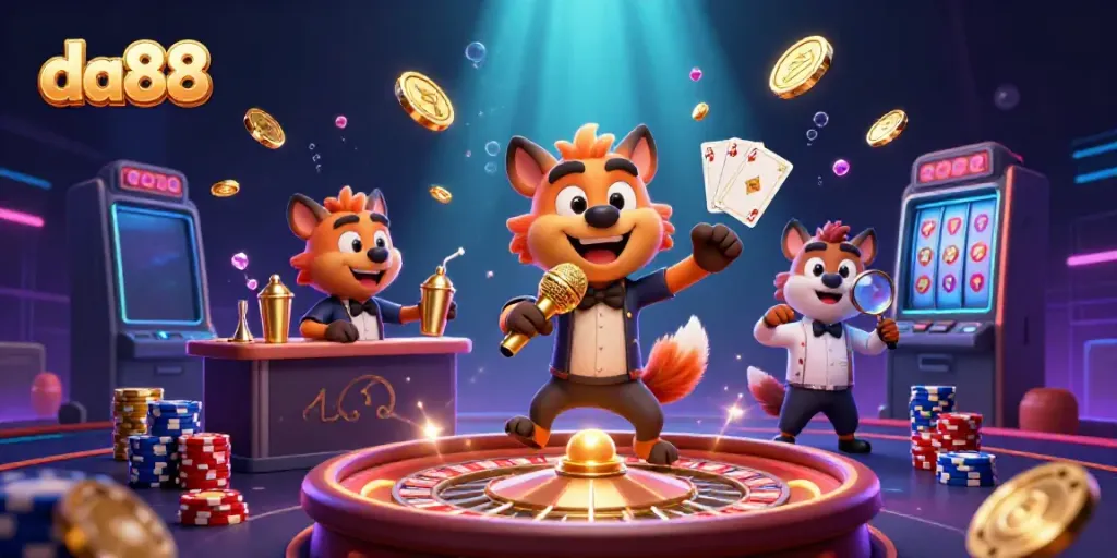 Engage in a vibrant casino atmosphere with da88 featuring hyenas in comedic roles, vibrant gaming elements, and enticing visuals.