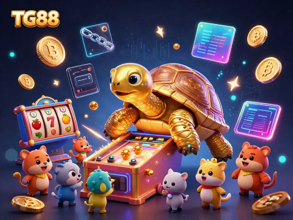 Experience the thrill of gaming at TG88 with a colorful 3D tortoise pinball machine and vibrant casino symbols.