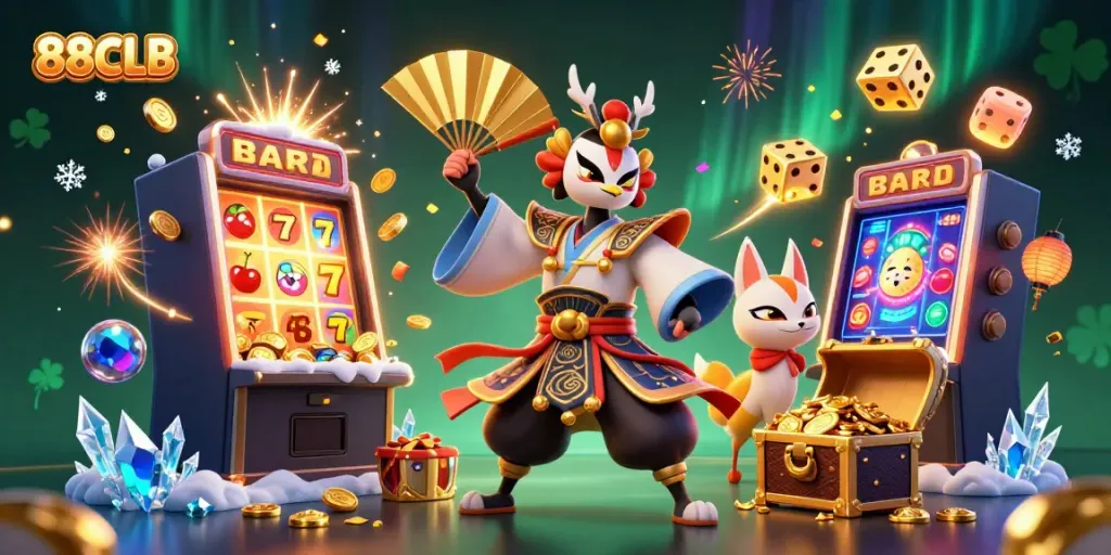 Experience thrilling jackpots with 88CLB in a vibrant 3D casino scene filled with colorful game elements.