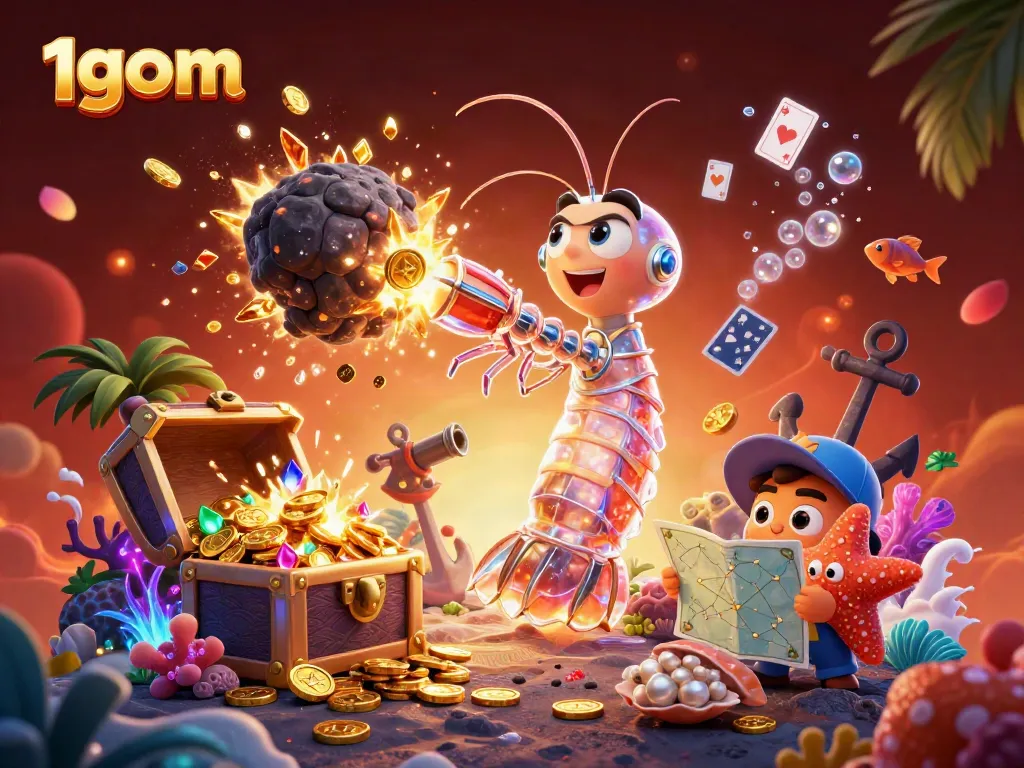 Engage in thrilling gameplay with 1gom, showcasing a dynamic 3D scene of a galactic mantis shrimp and starfish.