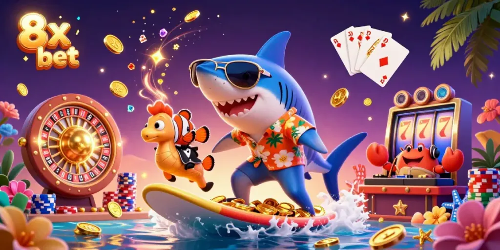 Join the fun with the 8x bet shark surfing on gold coins while casino elements surround the scene.
