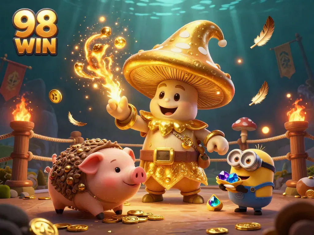 Engaging illustration for 98 WIN showcasing a magical scene of treasures and excitement in a casino setting.