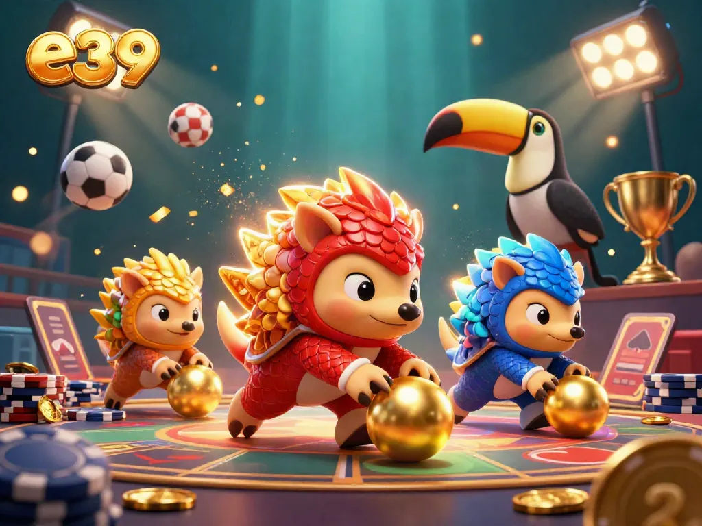Engage in thrilling gameplay with e39 rivals rolling golden balls over poker chips while dynamic sports action unfolds.