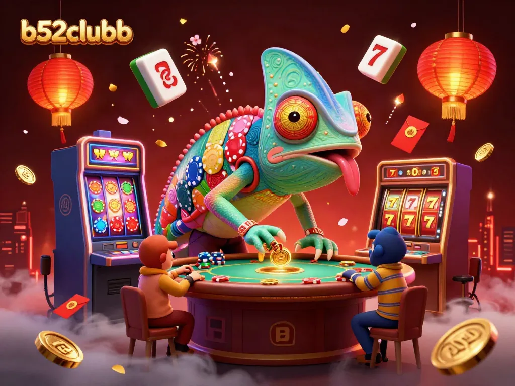 Engage with b52clubb's vibrant casino scene featuring a chameleon owner amidst slots and gold coins.
