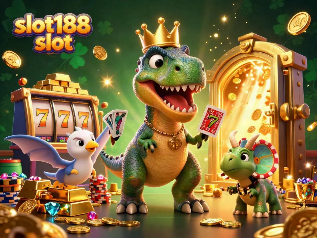 Slot188 slot menampilkan karakter kartun T-Rex bermain kartu di kasino dengan latar belakang yang cerah.
