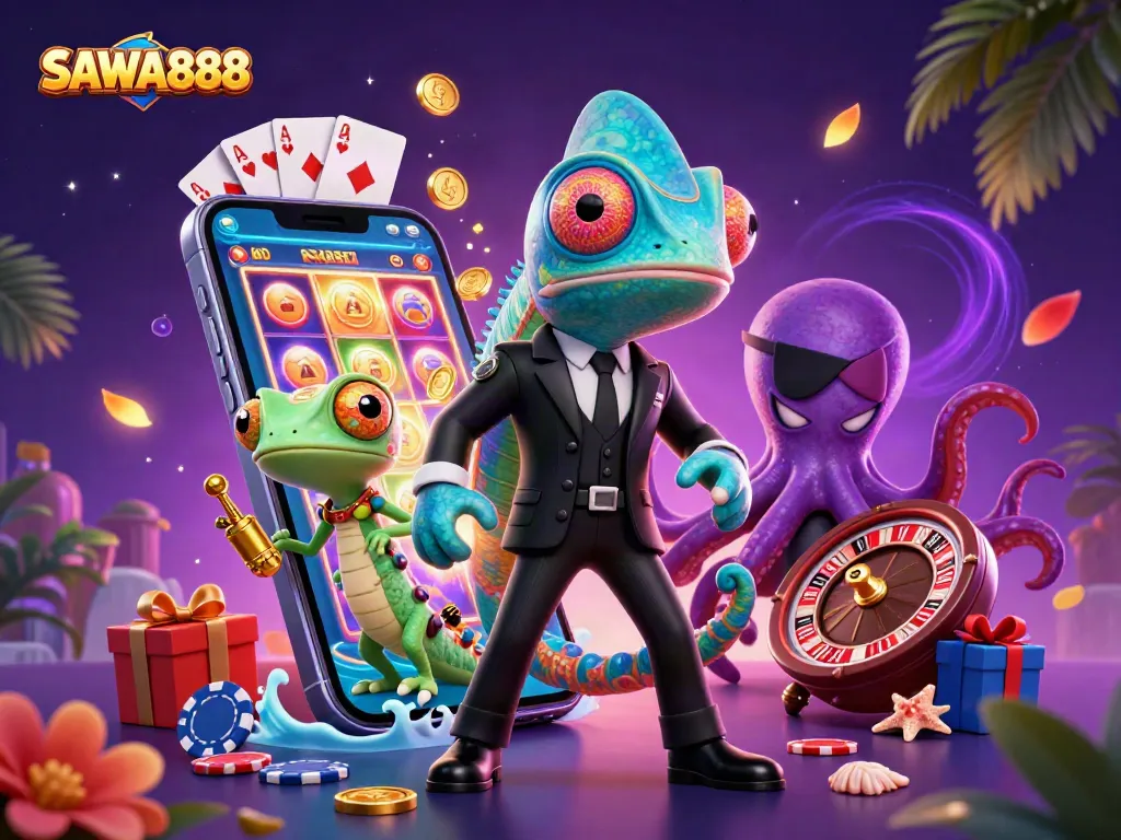 Experience thrilling gaming with SAWA888, showcasing vibrant slots and dynamic characters in a captivating scene.