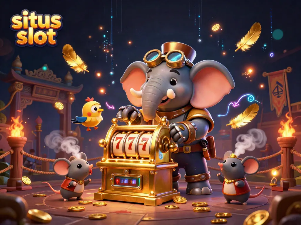 Spin the golden slot machine with situs slot elements in a vibrant steampunk casino scene.