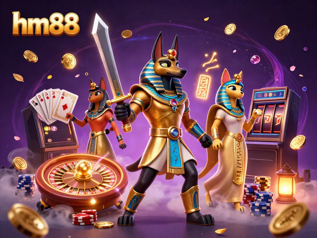 Engage with thrilling casino action at hm88 featuring Anubis and Bastet surrounded by dynamic gaming elements.