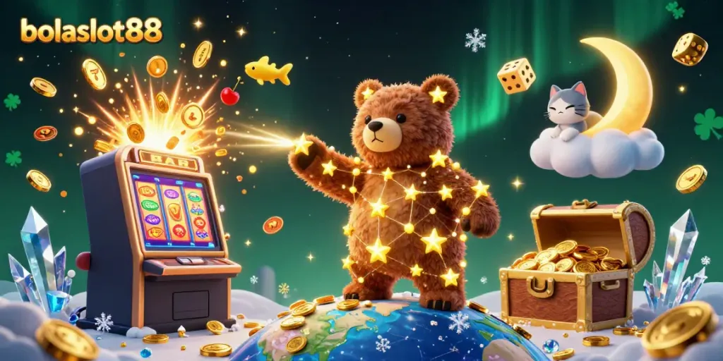 Experience the excitement of bolaslot88 with a magical scene of winning jackpots and glowing treasures.