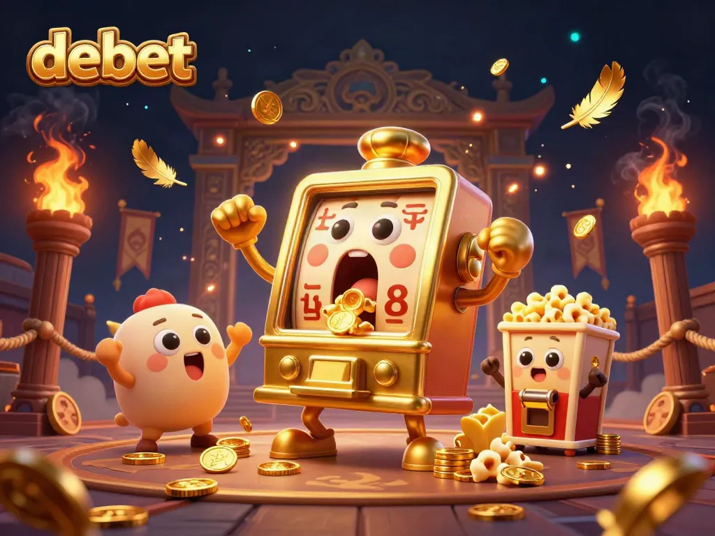 Experience thrilling wins with debet as the animated slot machine celebrates its jackpot victory amid dynamic casino elements.