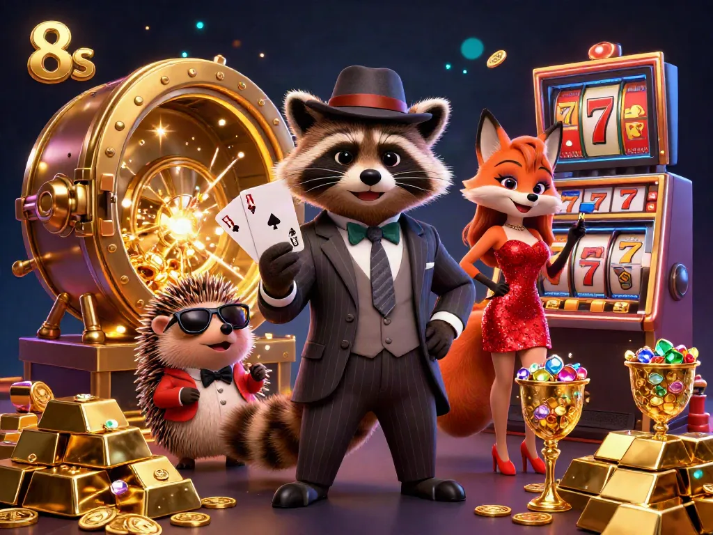 Engage with 8s by exploring a lively casino scene featuring vibrant slot machines and characters.