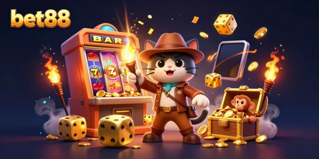 Experience the thrill of bet88 with a vibrant casino adventure featuring golden artifacts and exciting games.