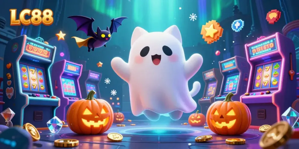 LC88 reveals a haunted casino scene with a ghost cat and vampire bat amidst slot machines and glowing elements