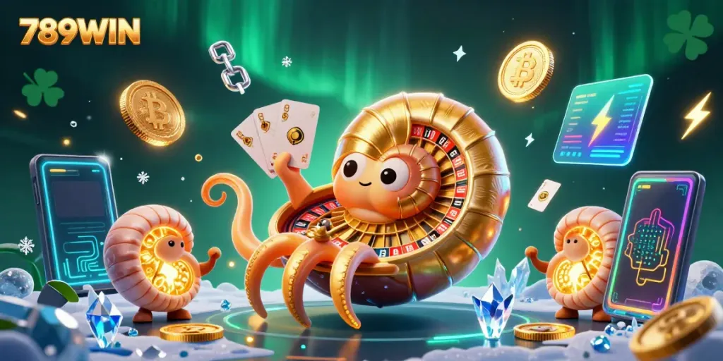 Engage in thrilling gameplay at 789WIN, featuring a vibrant scene with a giant nautilus roulette wheel and glowing coins.