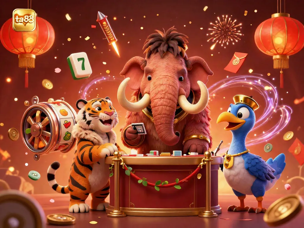 Celebrate winning moments at ta88 with a cartoon scene featuring a woolly mammoth bouncer and festive game elements.