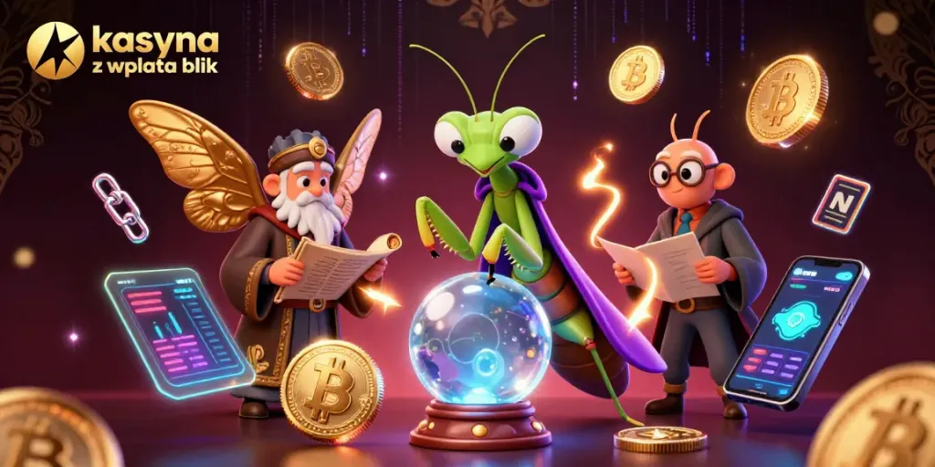 Engage in kasyna z wplata blik with a lively fantasy scene featuring mystical characters and vibrant crypto elements