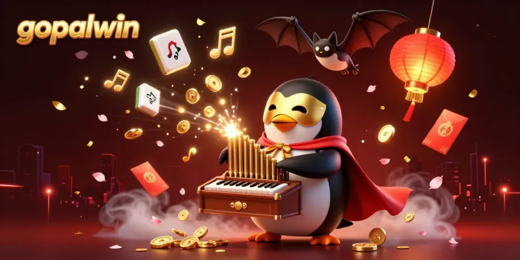 Experience the excitement of gopalwin with a whimsical penguin character playing an organ that shoots gold coins amid festive casino elements.