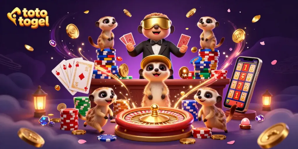 Engage in toto togel excitement with playful meerkats managing a vibrant casino scene filled with dynamic gaming elements.