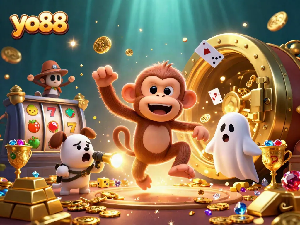 Experience the thrill of yo88 with a playful ghost and puppy in a vibrant casino scene.