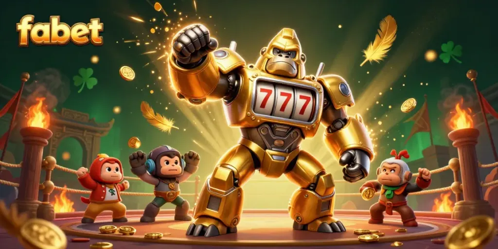 Experience the excitement of fabet with a dynamic golden gorilla mech and casino elements.
