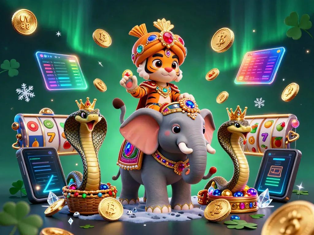 Experience thrilling UY 88 gameplay with a vibrant scene featuring a majestic maharaja, jewel-filled elephant, and crypto elements.