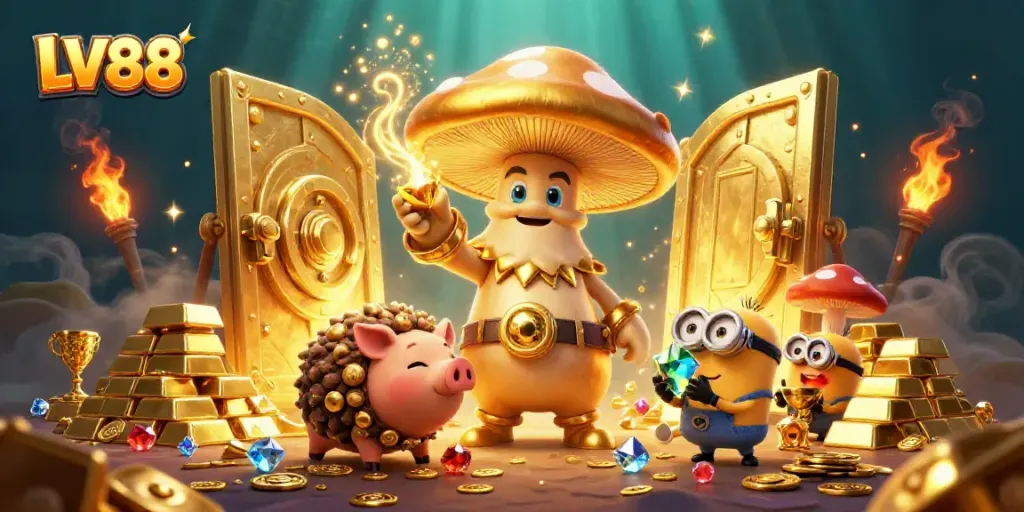 Join the magical adventure of LV88 where golden treasures abound in a lively casino scene.