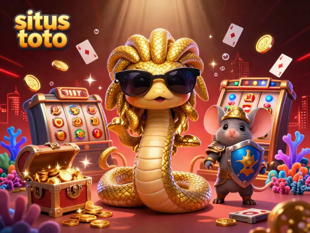 Permainan di situs toto yang menghadirkan Medusa dan pahlawan mouse dalam suasana kasino penuh keceriaan dan keberuntungan.