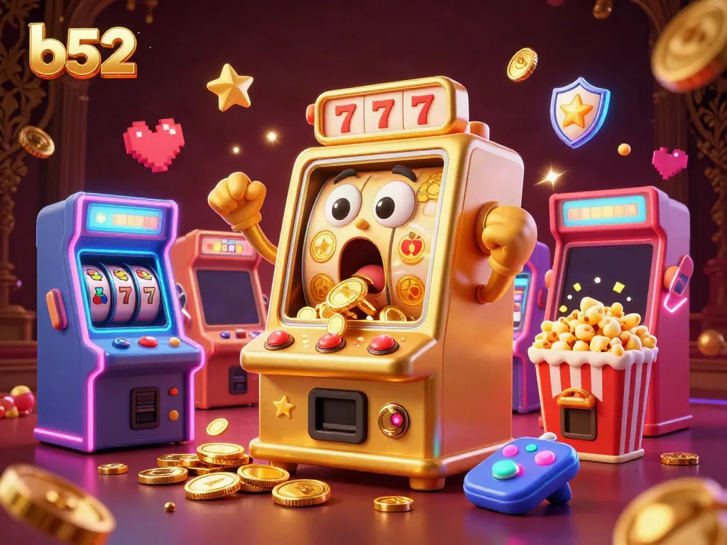 Experience exhilarating b52 slot action with a golden slot machine hitting a jackpot, surrounded by cheering machines and game elements.
