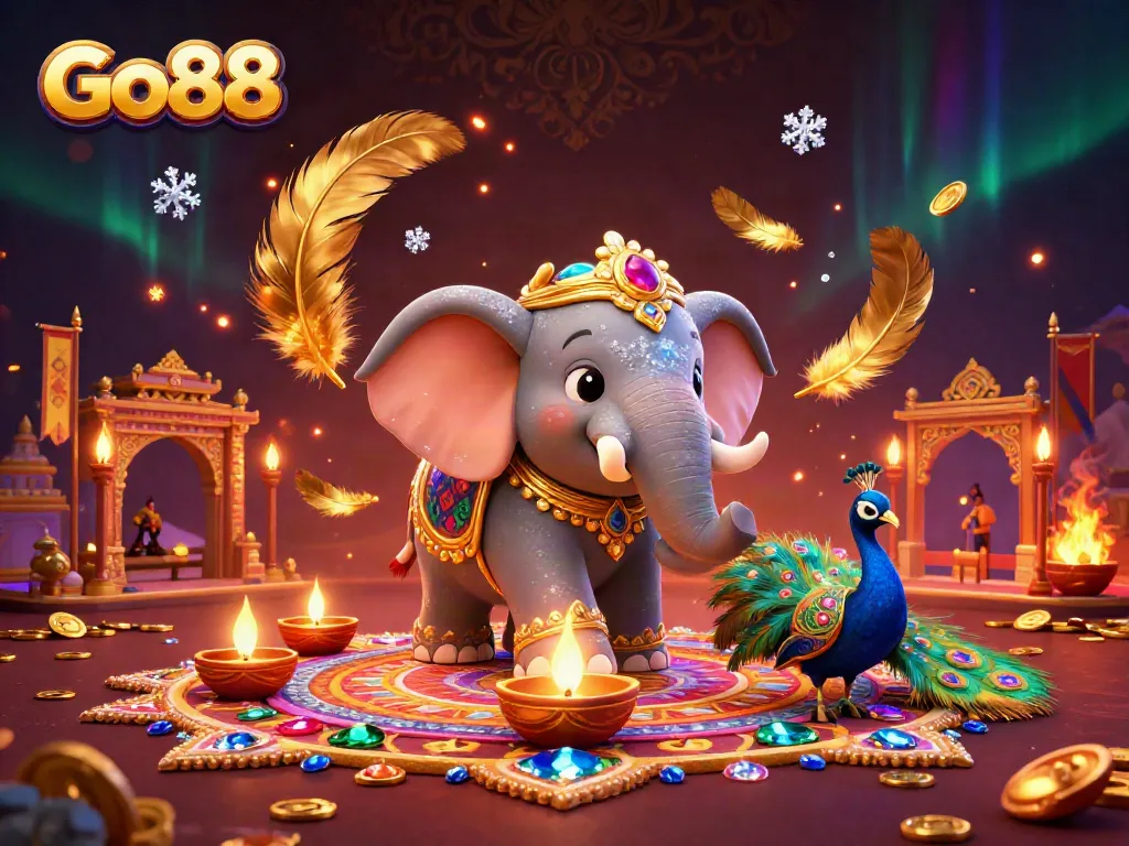 Play thrilling games at Go88 with vibrant illustrations of a colorful elephant and peacock.