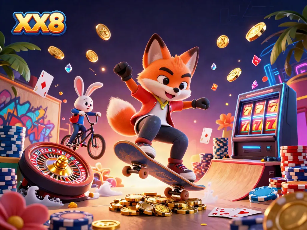 Experience thrilling gaming with XX8 as a skateboard fox and BMX rabbit showcase exciting casino action.