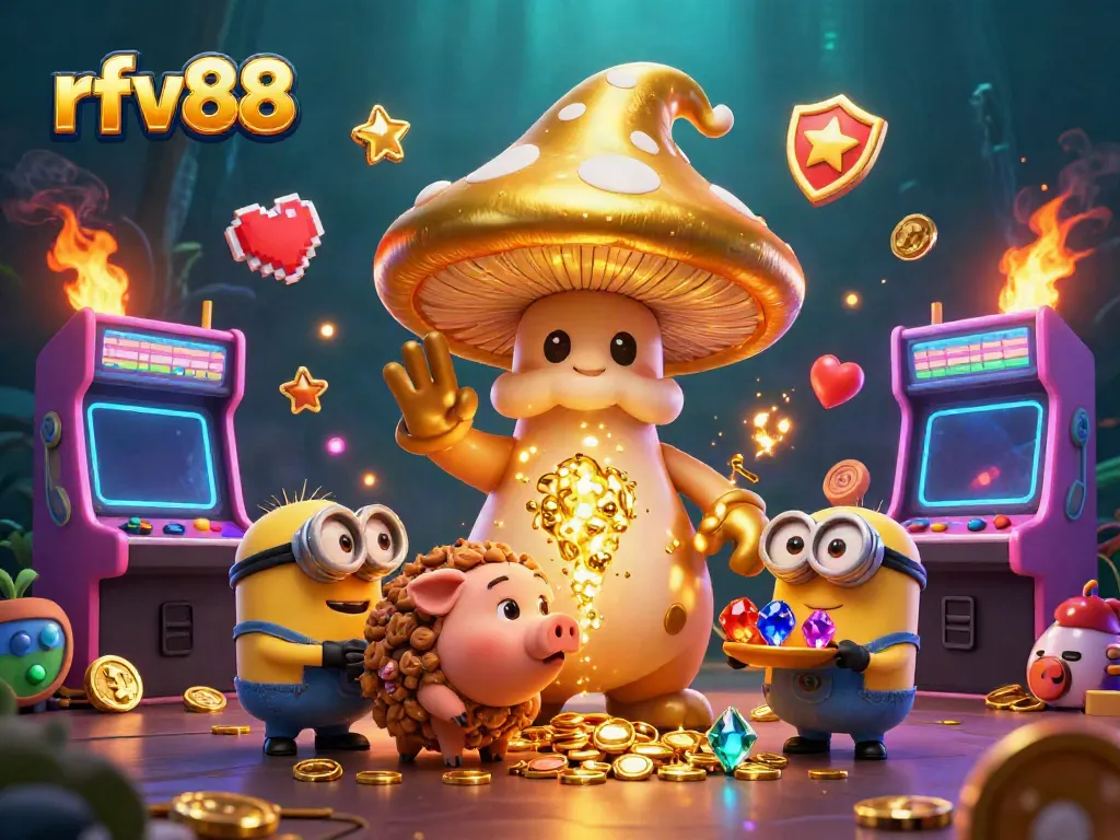 Engage in the magical world of rfv88 with a wizard, truffle pig, and treasure in an enchanting casino scene.