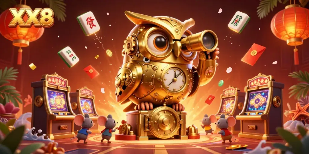 Experience the thrill of XX8 with a 3D owl scanning casino games amidst vibrant elements.