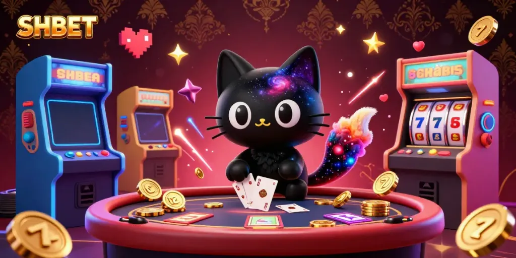 Experience thrilling casino gameplay at SHBET with a dynamic galaxy-themed illustration featuring a black hole cat and nebula fox.