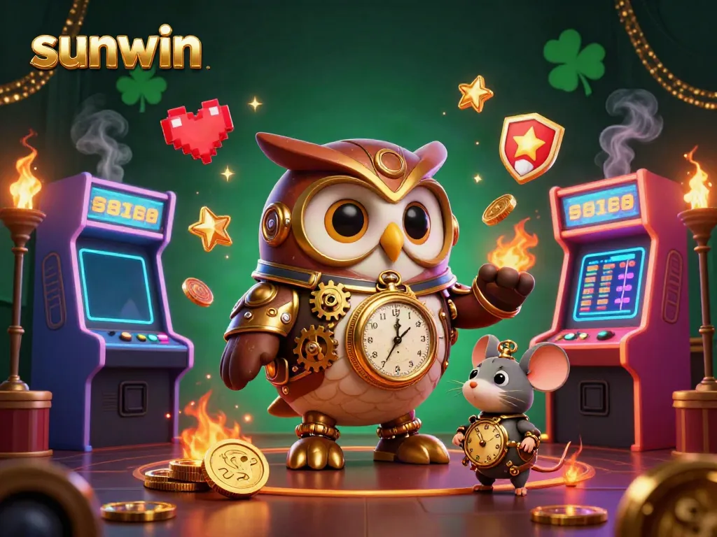 Engage with sunwin's captivating 3D illustration featuring a time-traveler owl in a vibrant casino.