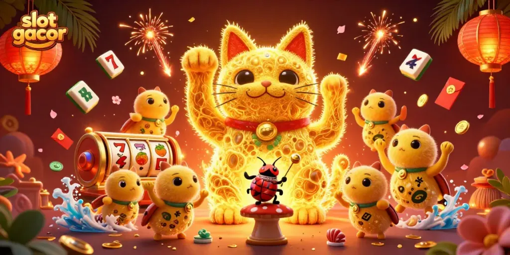 Experience the thrill of slot gacor with this vibrant 3D illustration of a lucky cat and casino symbols.