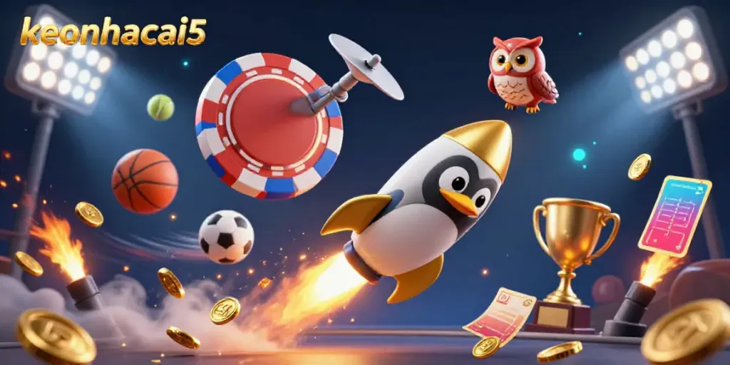 Experience dynamic sports betting excitement with keonhacai5's vibrant illustration of a golden penguin and sports elements.