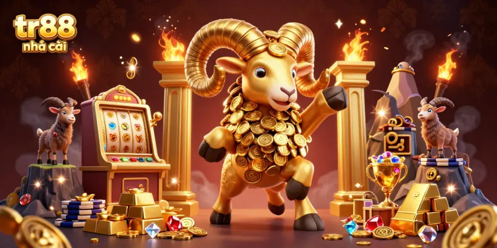 Experience excitement with tr88 nhà cái featuring a golden ram and slot machine, surrounded by riches.