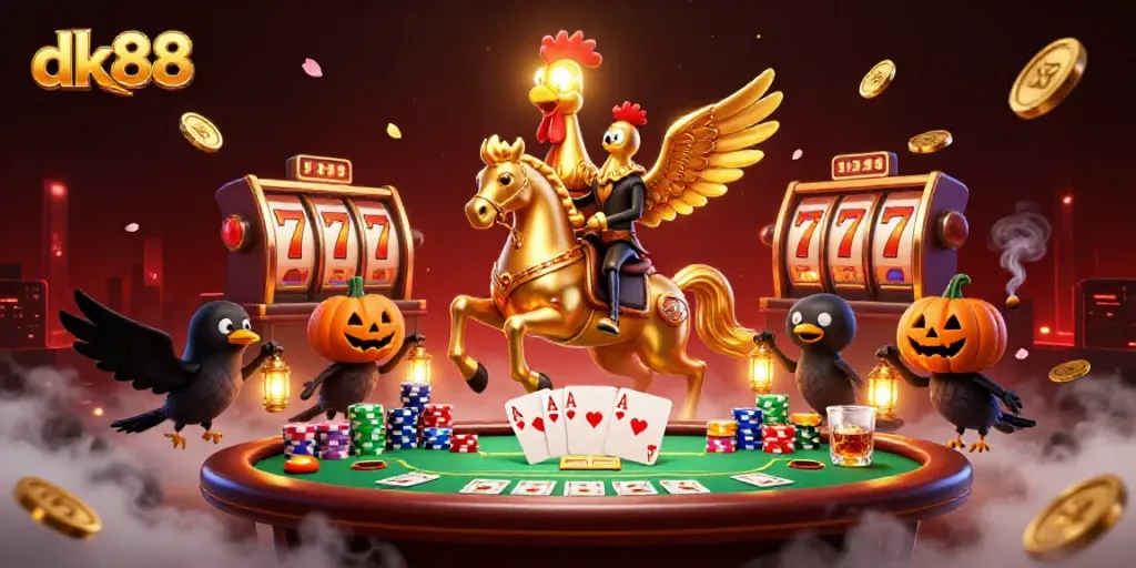 Engage in thrilling gameplay at dk88 with a vibrant night casino scene showcasing a golden rooster hero.
